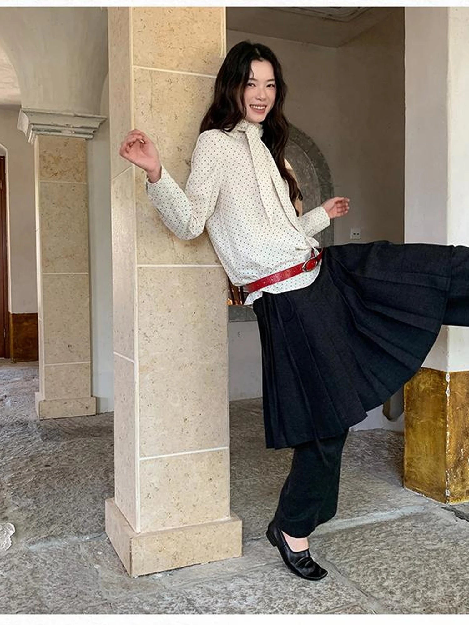 Classic Dot Bow Tie Blouse With Detachable High Collar