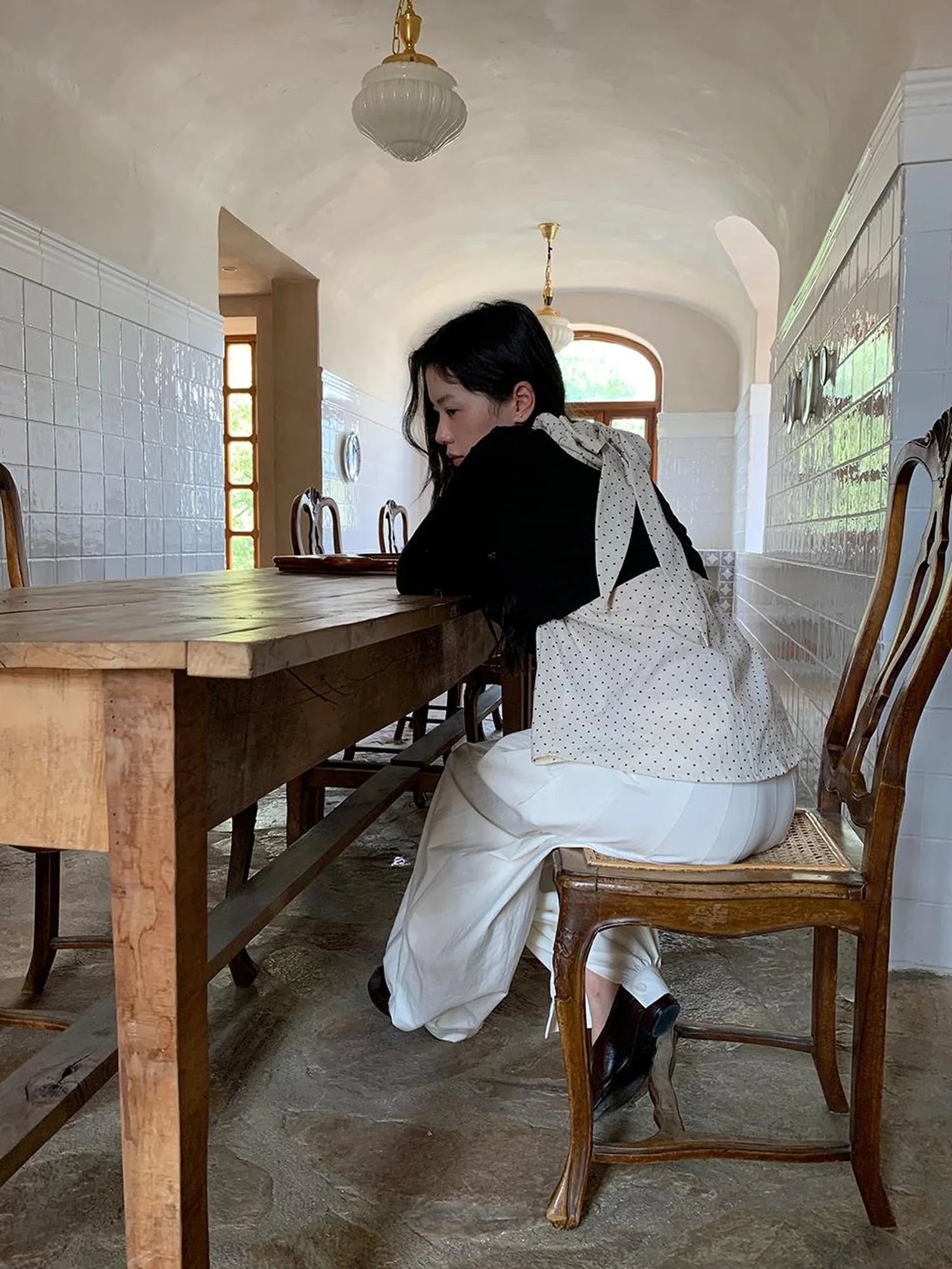 Classic Dot Bow Tie Blouse With Detachable High Collar