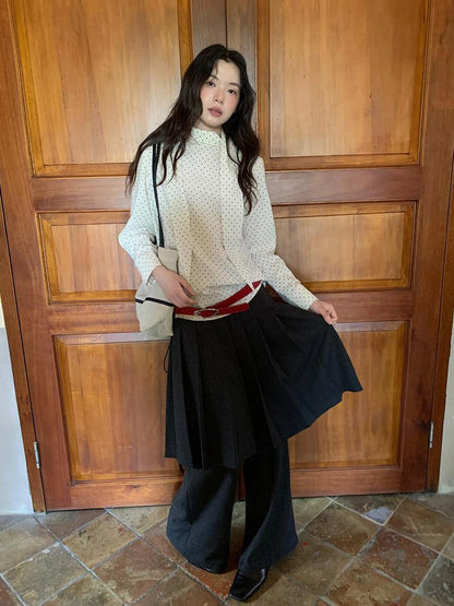 Classic Dot Bow Tie Blouse With Detachable High Collar