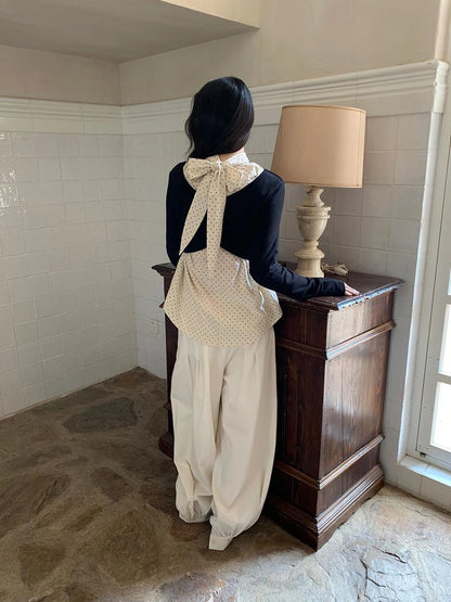 Classic Dot Bow Tie Blouse With Detachable High Collar