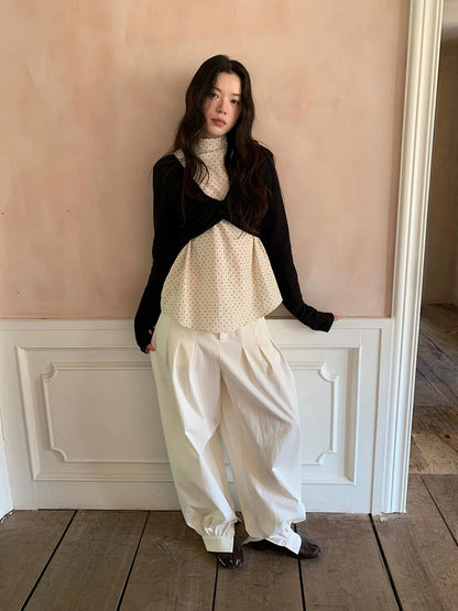 Classic Dot Bow Tie Blouse With Detachable High Collar