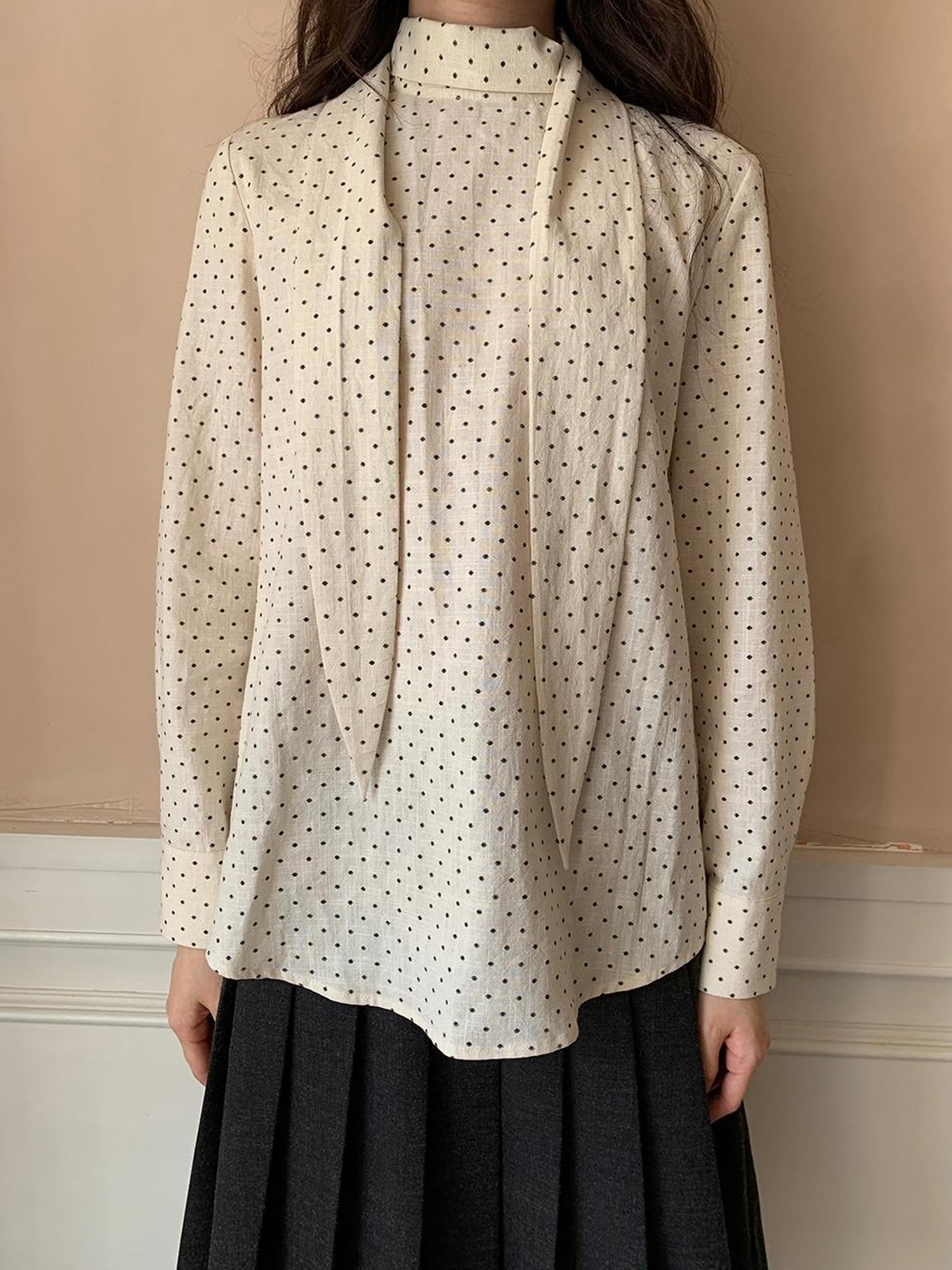 Dorydory Classic Dot Bow Tie Blouse With Detachable High Collar