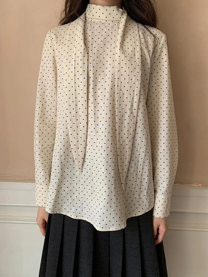 Classic Dot Bow Tie Blouse With Detachable High Collar