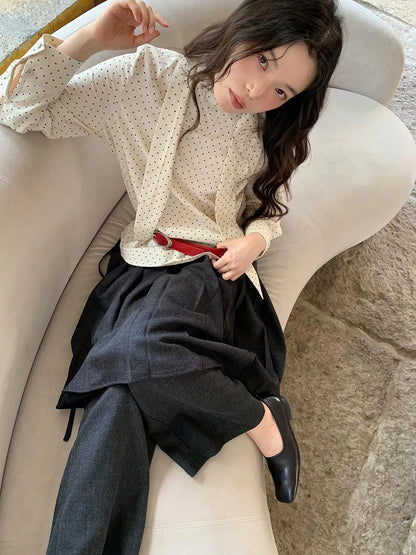 Classic Dot Bow Tie Blouse With Detachable High Collar