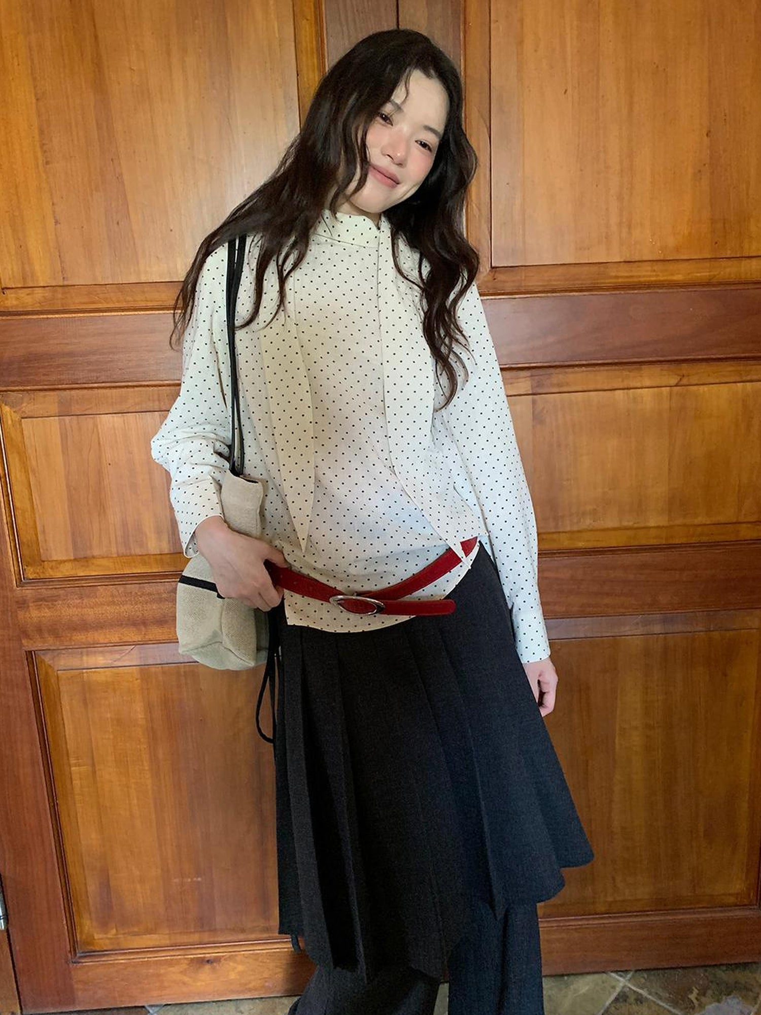 Dorydory Classic Dot Bow Tie Blouse With Detachable High Collar
