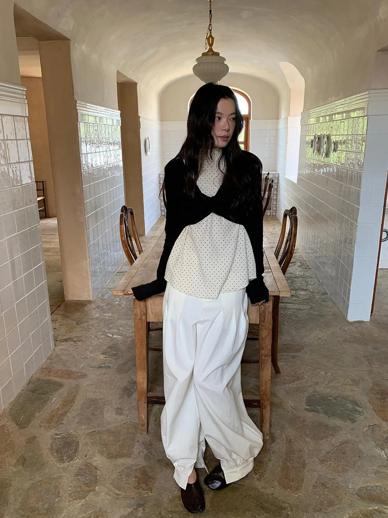 Classic Dot Bow Tie Blouse With Detachable High Collar