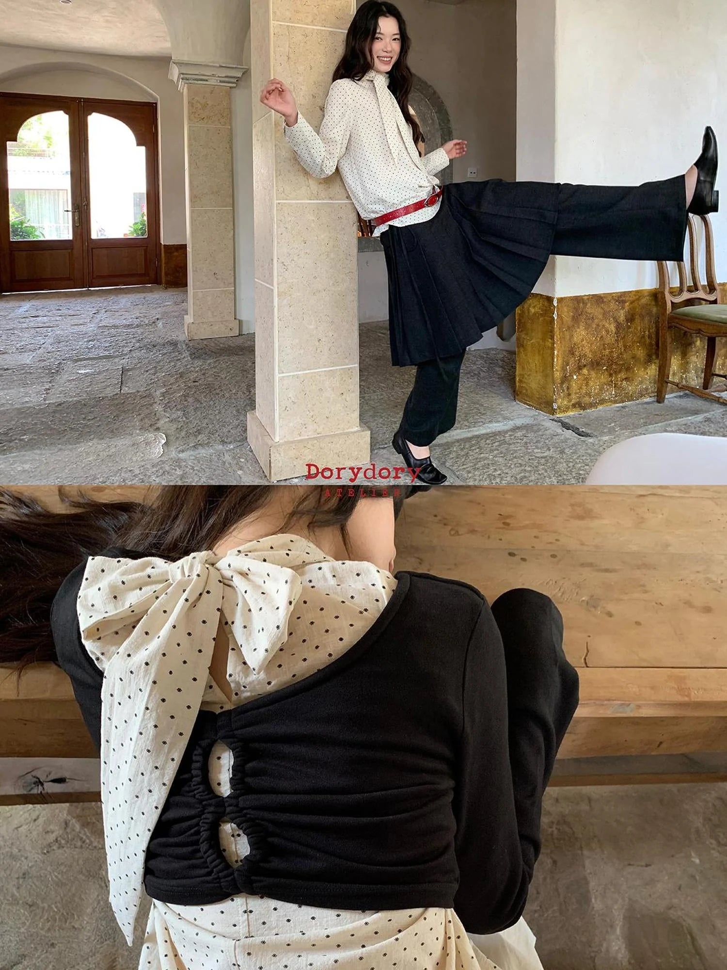 Classic Dot Bow Tie Blouse With Detachable High Collar