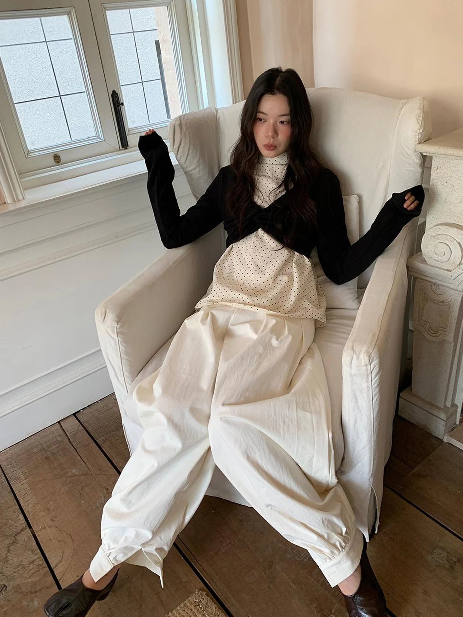 Classic Dot Bow Tie Blouse With Detachable High Collar