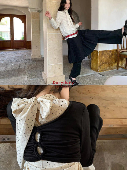 Classic Dot Bow Tie Blouse With Detachable High Collar