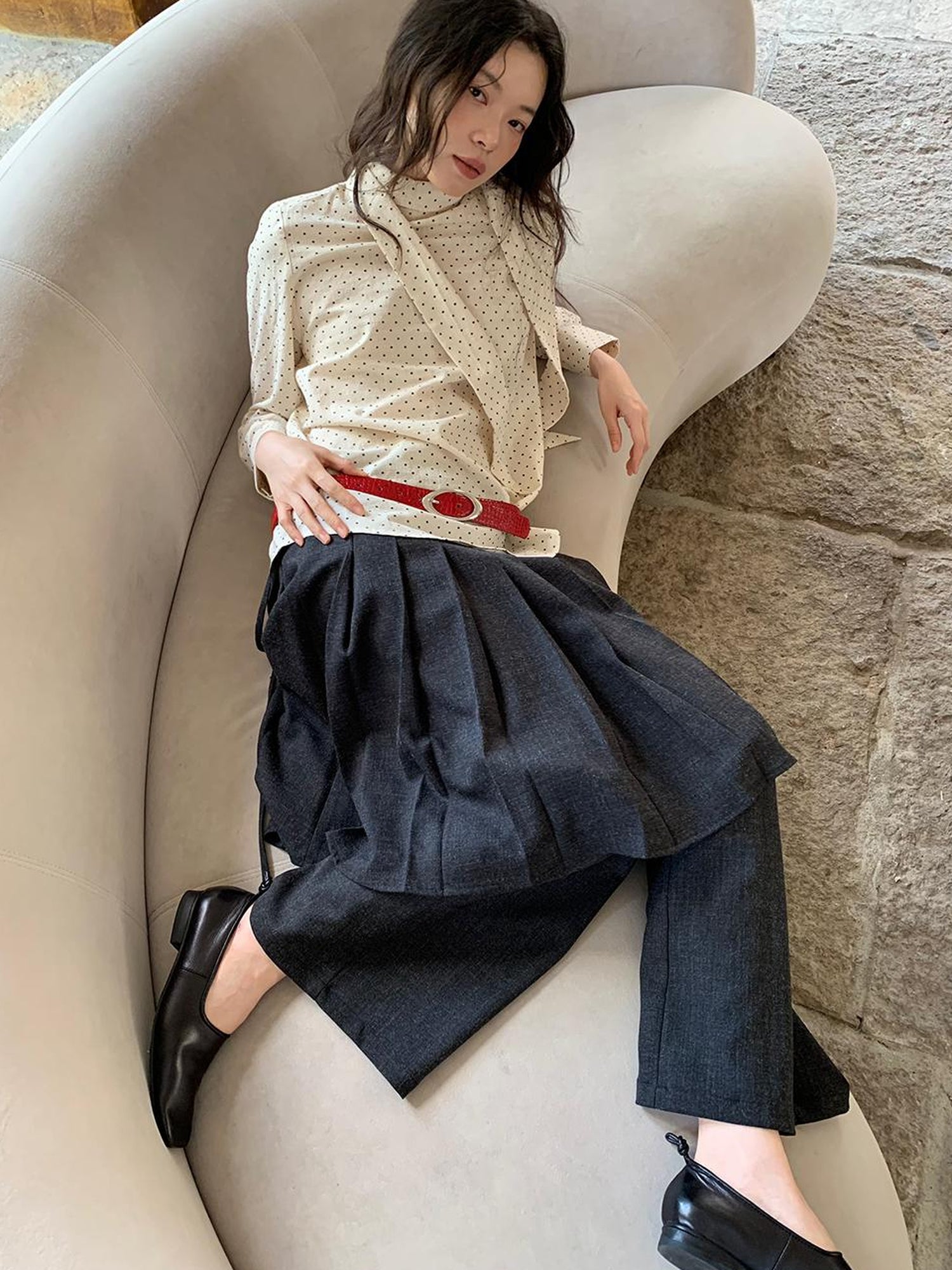 Dorydory Classic Dot Bow Tie Blouse With Detachable High Collar