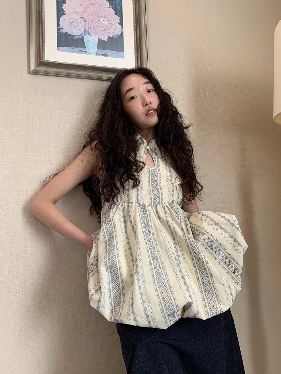 Dorydory Cloud Blossom Jacquard Standing Collar Yarn Dyed Women&