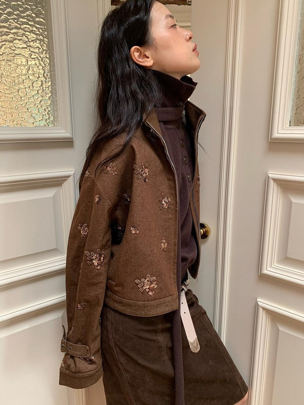 Dorydory Coffee Brown High Neck 3d Embroidered Beaded Women&
