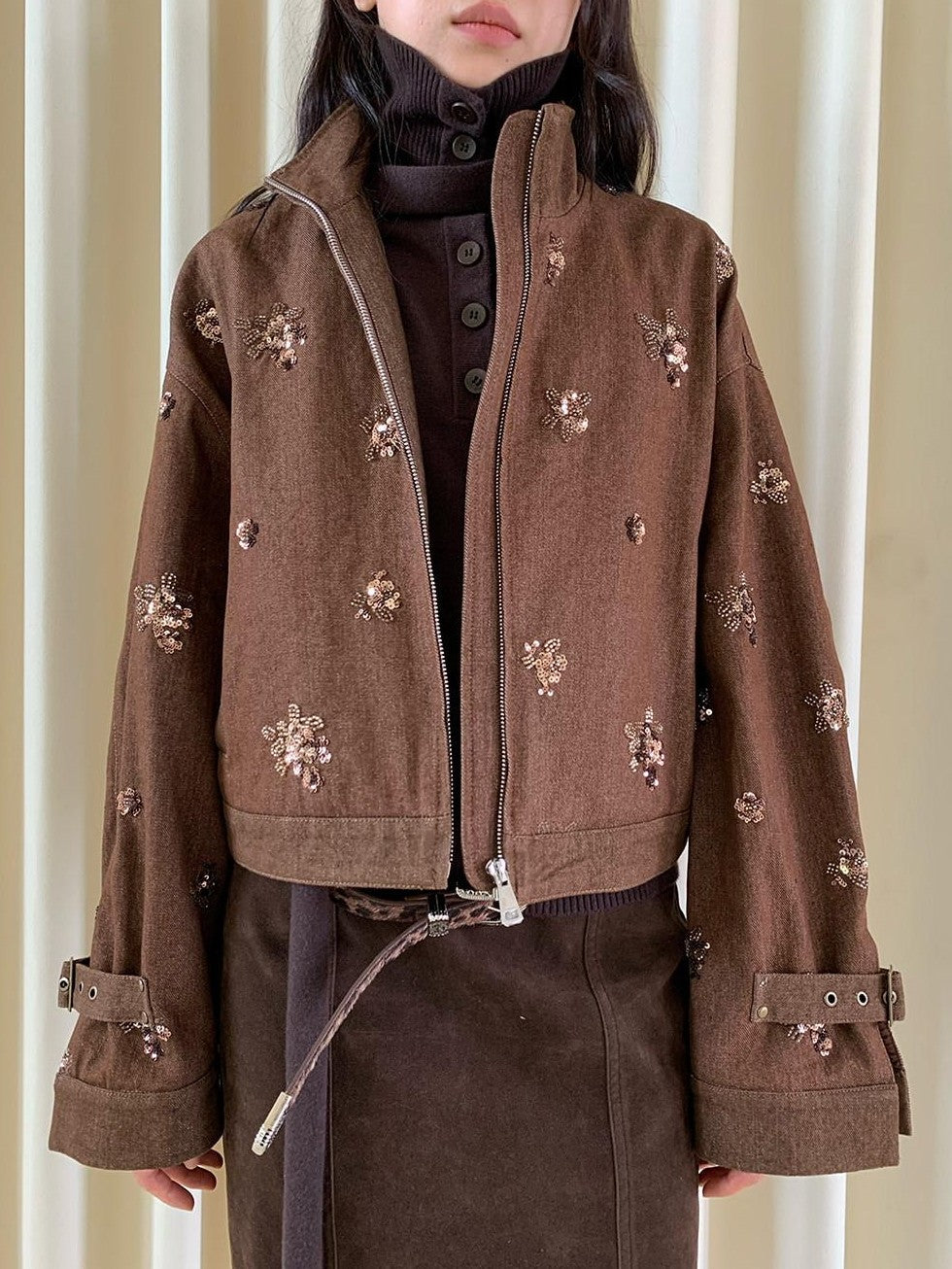 Dorydory Coffee Brown High Neck 3d Embroidered Beaded Women&