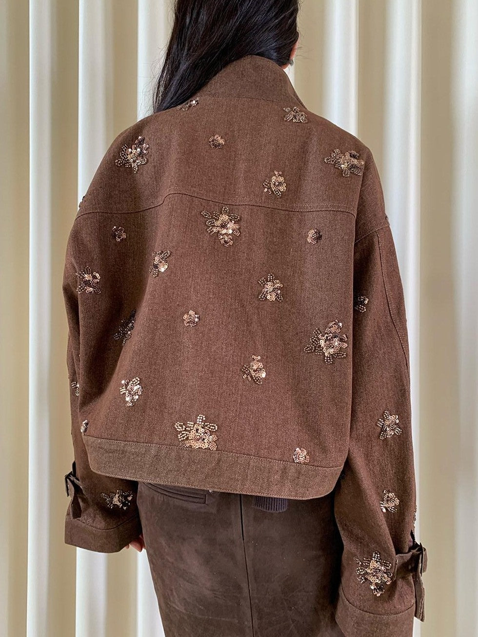 Dorydory Coffee Brown High Neck 3d Embroidered Beaded Women&