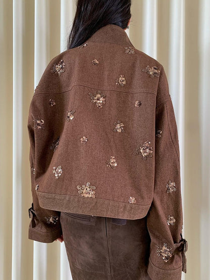 Dorydory Coffee Brown High Neck 3d Embroidered Beaded Women&