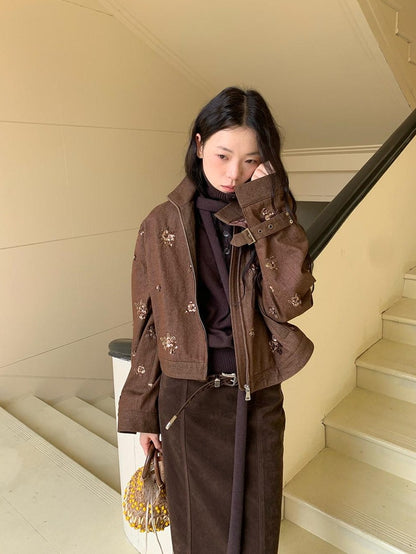 Dorydory Coffee Brown High Neck 3d Embroidered Beaded Women&