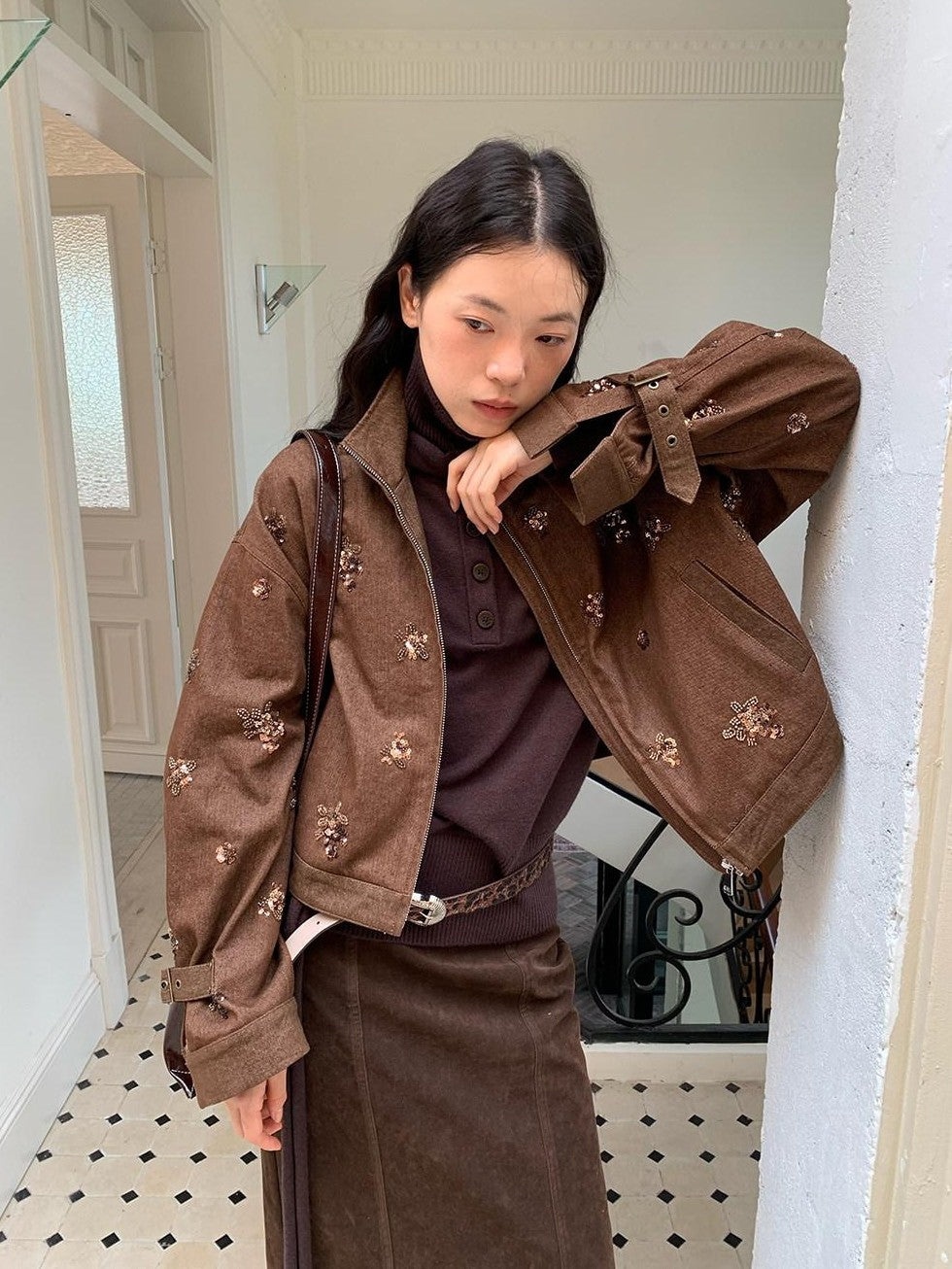 Dorydory Coffee Brown High Neck 3d Embroidered Beaded Women&