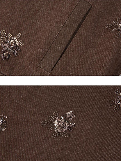 Dorydory Coffee Brown High Neck 3d Embroidered Beaded Women&