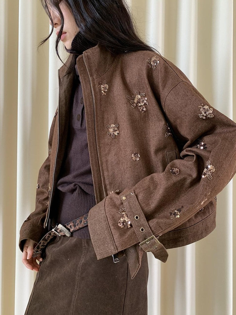 Dorydory Coffee Brown High Neck 3d Embroidered Beaded Women&