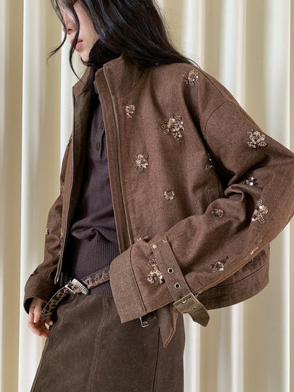 Dorydory Coffee Brown High Neck 3d Embroidered Beaded Women&