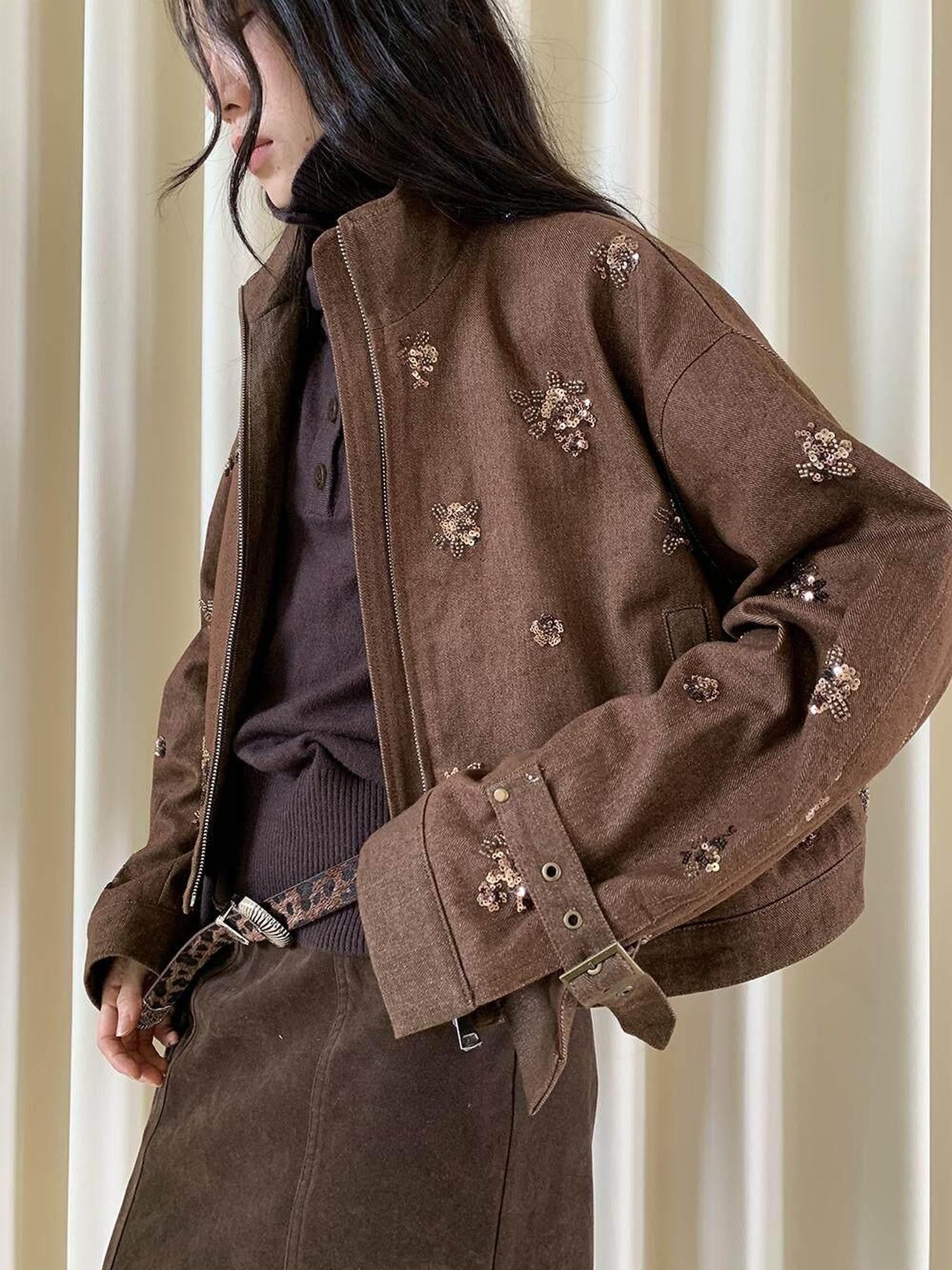 Dorydory Coffee Brown High Neck 3d Embroidered Beaded Women&