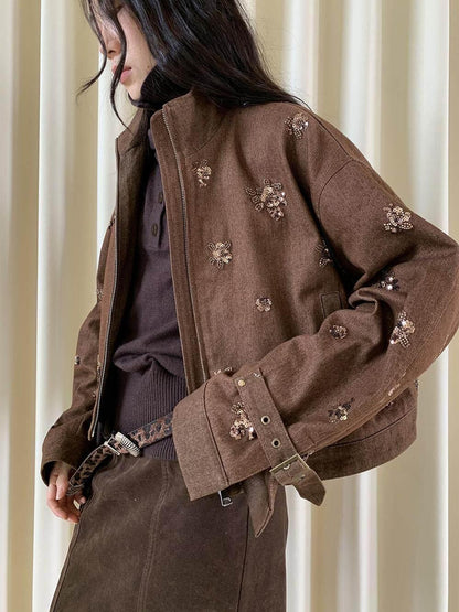 Dorydory Coffee Brown High Neck 3d Embroidered Beaded Women&
