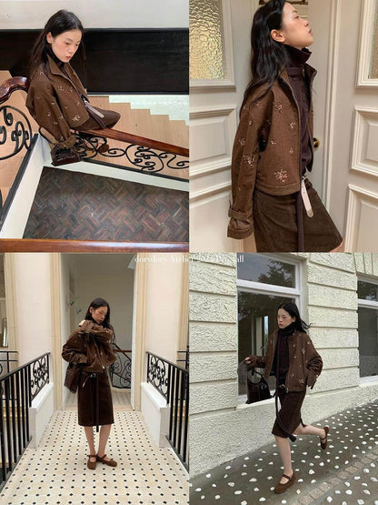 Dorydory Coffee Brown High Neck 3d Embroidered Beaded Women&
