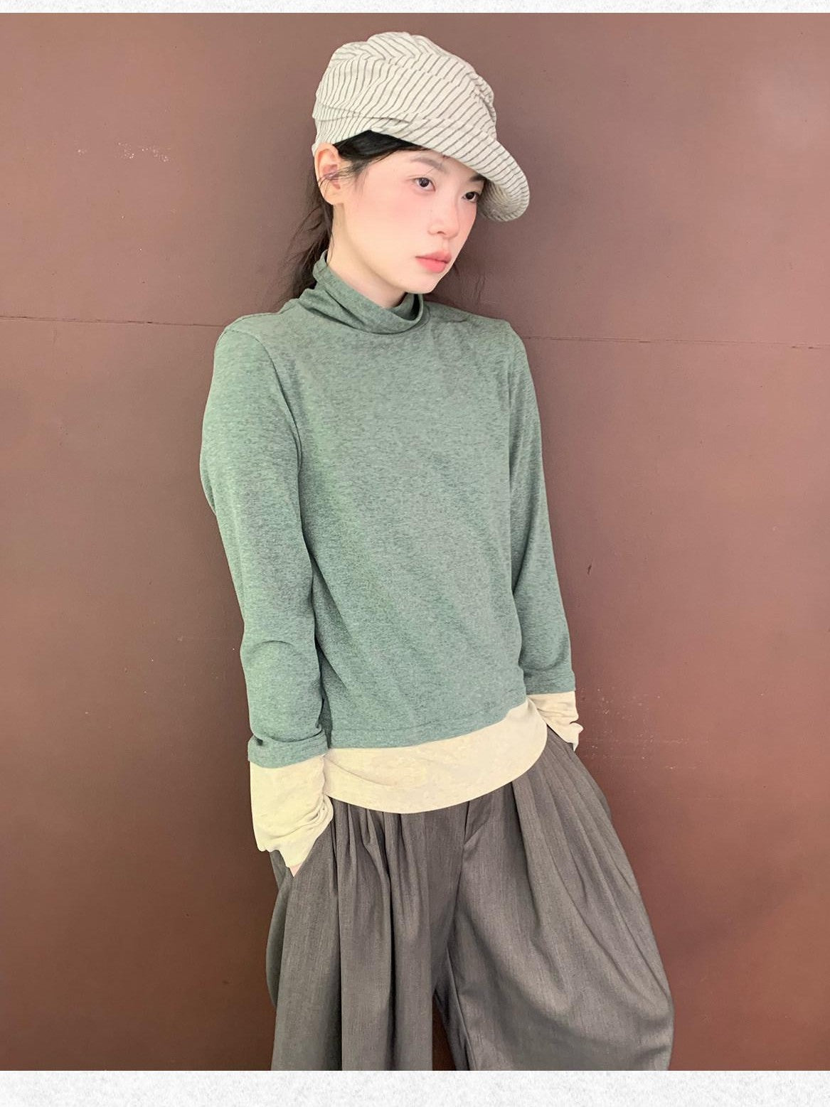 Dorydory Colorblock Faux Layered Mock Neck Women&