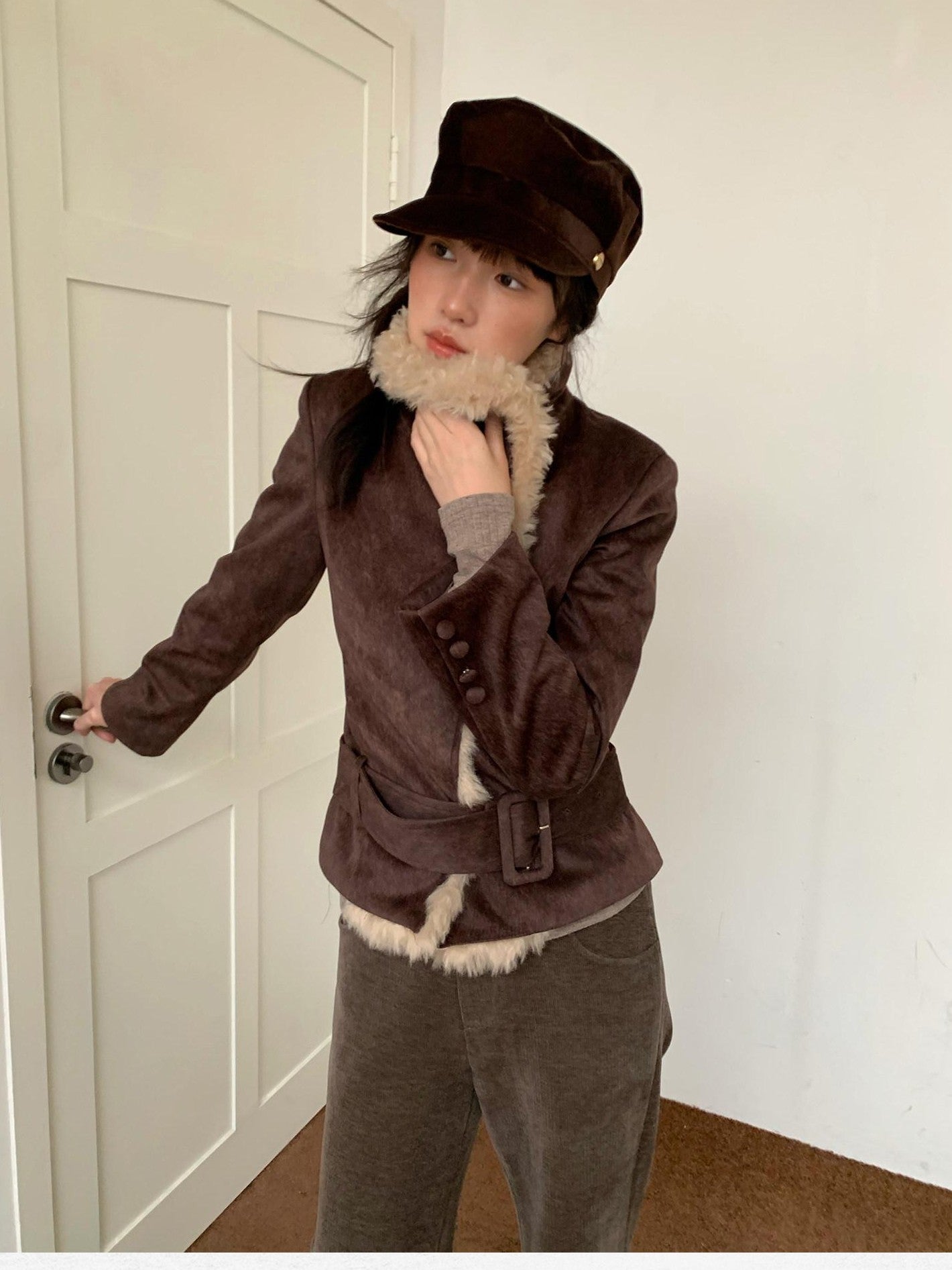 Dorydory Commuter Shearling Patchwork Lapel Slim Fit Women&