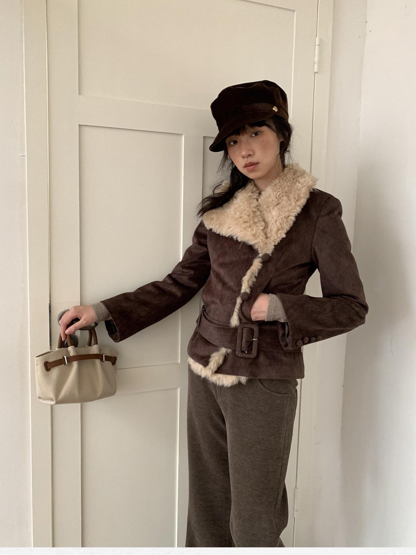 Dorydory Commuter Shearling Patchwork Lapel Slim Fit Women&