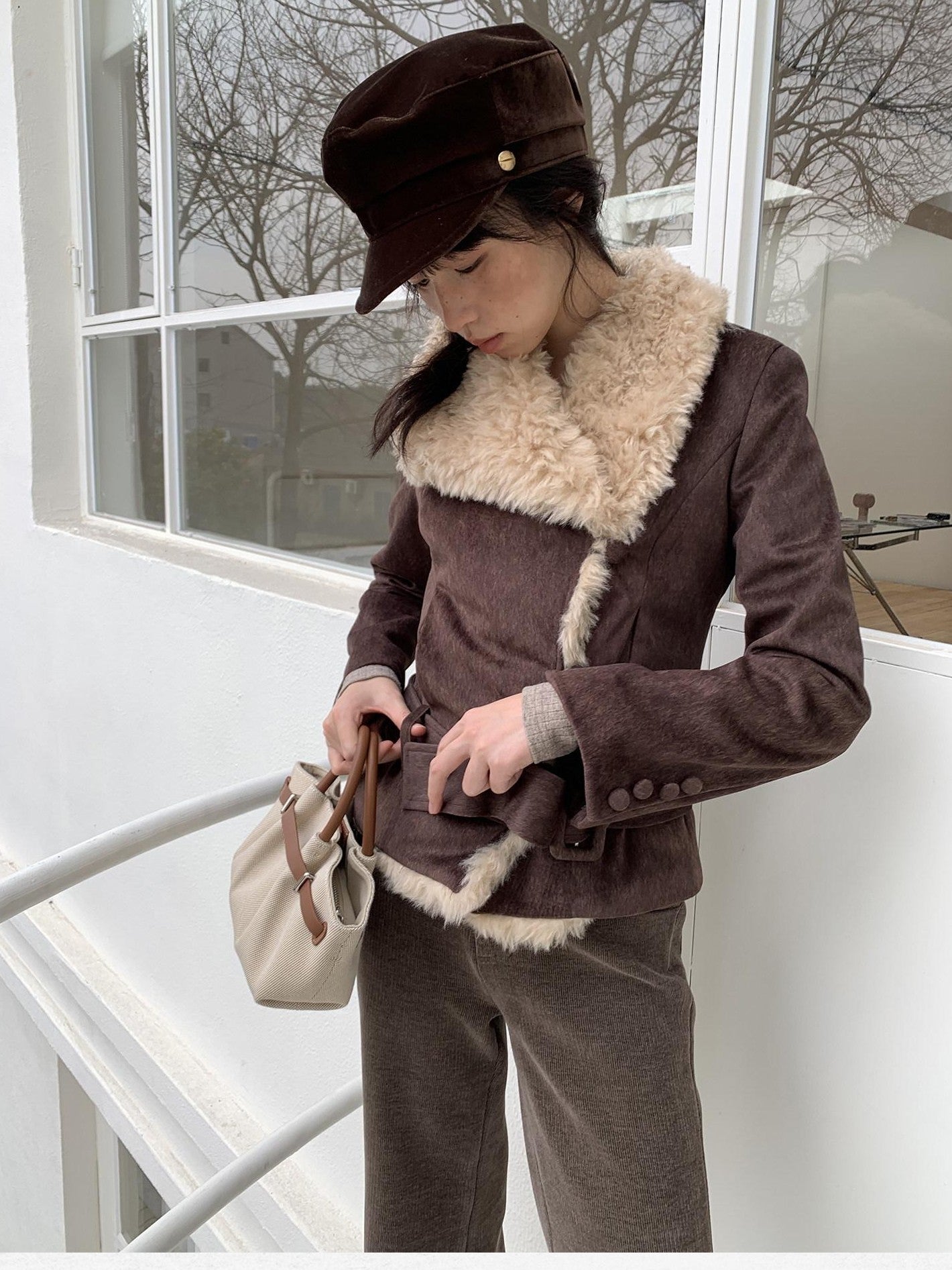 Dorydory Commuter Shearling Patchwork Lapel Slim Fit Women&