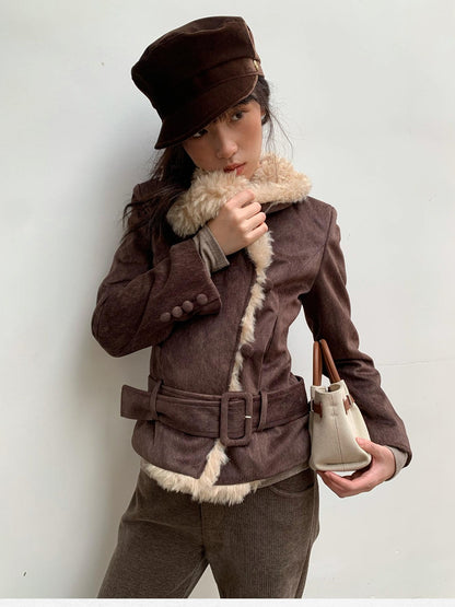 Dorydory Commuter Shearling Patchwork Lapel Slim Fit Women&
