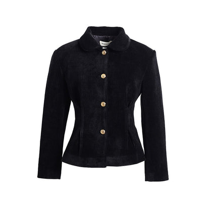 Dorydory_Corduroy_Waist_Cinched_Slim_Short_Buttoned_Round_Neck_Women&