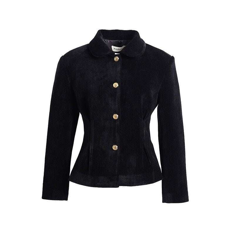 Dorydory_Corduroy_Waist_Cinched_Slim_Short_Buttoned_Round_Neck_Women&