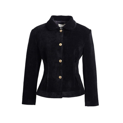Dorydory_Corduroy_Waist_Cinched_Slim_Short_Buttoned_Round_Neck_Women&