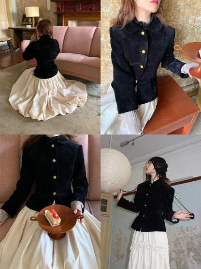 Dorydory Corduroy Waist Cinched Slim Short Buttoned Round Neck Women&