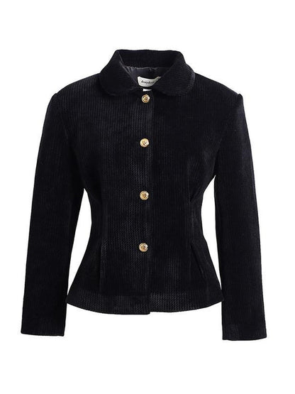 Dorydory Corduroy Waist Cinched Slim Short Buttoned Round Neck Women&