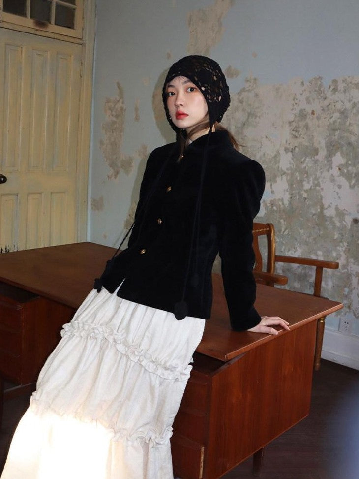 Dorydory Corduroy Waist Cinched Slim Short Buttoned Round Neck Women&