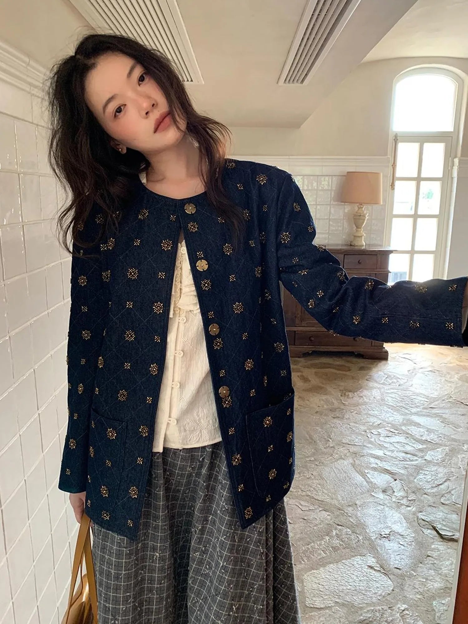 Cotton Embroidered Beaded Jacket With Color Block Design