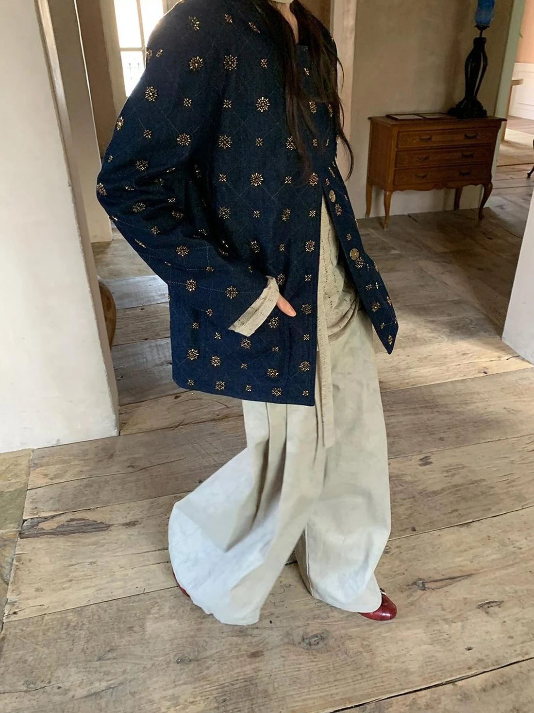 Cotton Embroidered Beaded Jacket With Color Block Design