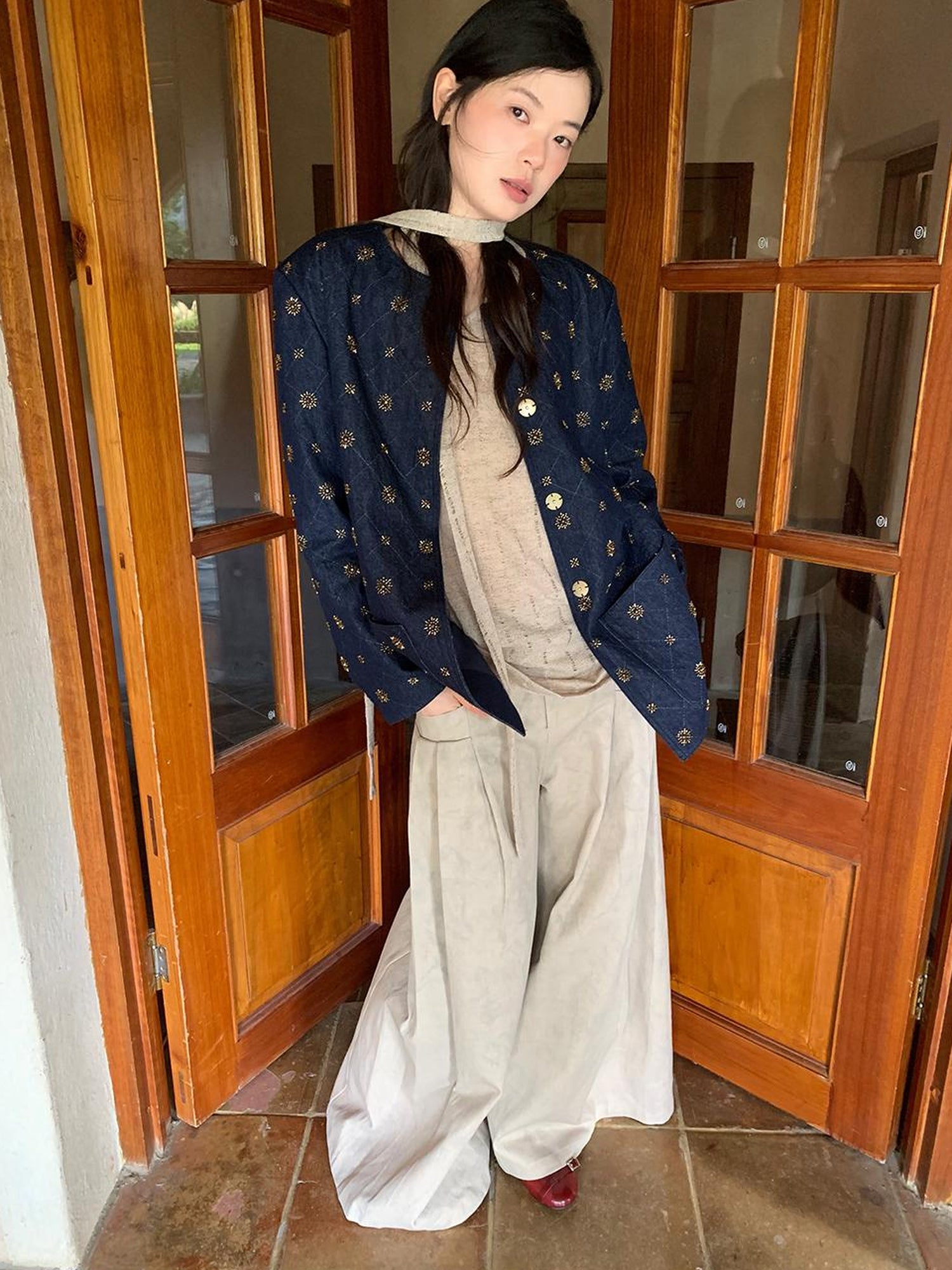 Dorydory Cotton Embroidered Beaded Jacket With Color Block Design