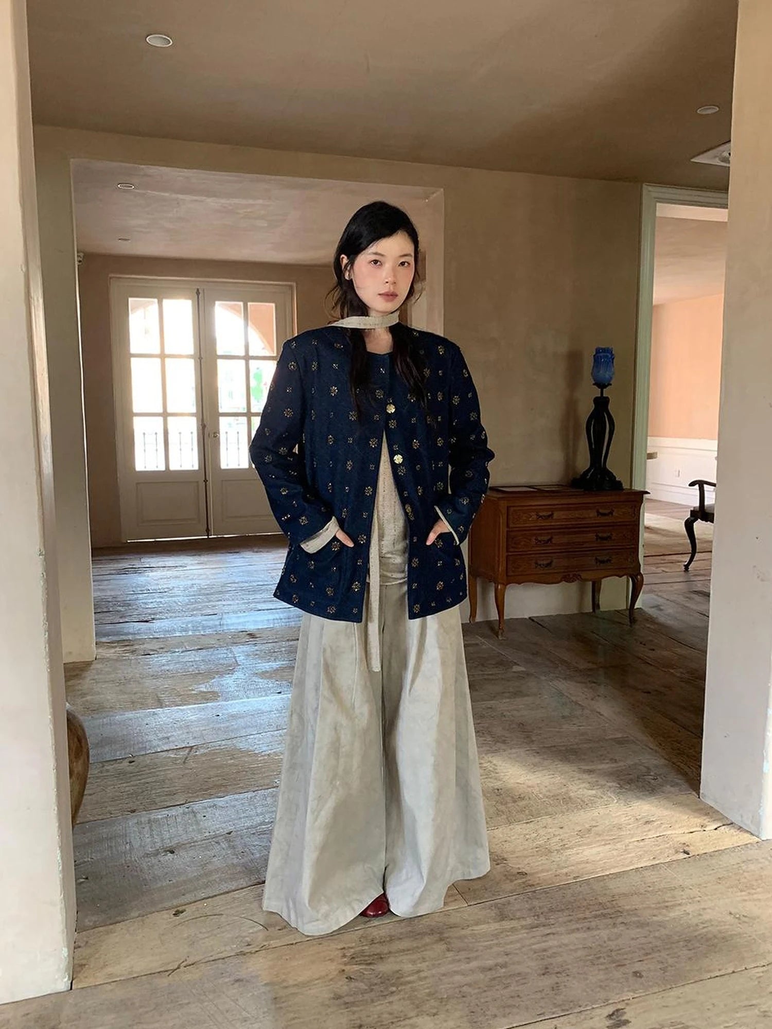 Cotton Embroidered Beaded Jacket With Color Block Design