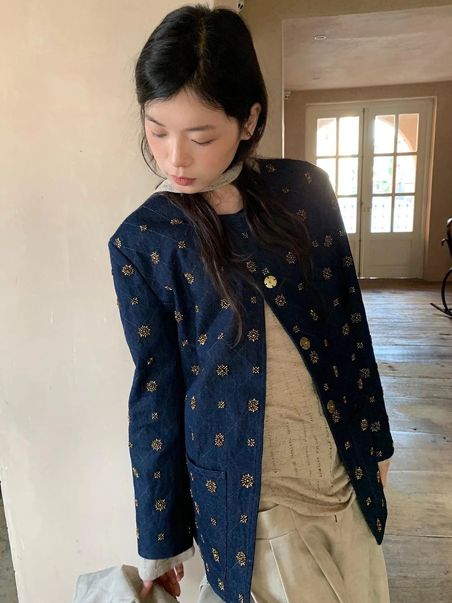 Cotton Embroidered Beaded Jacket With Color Block Design