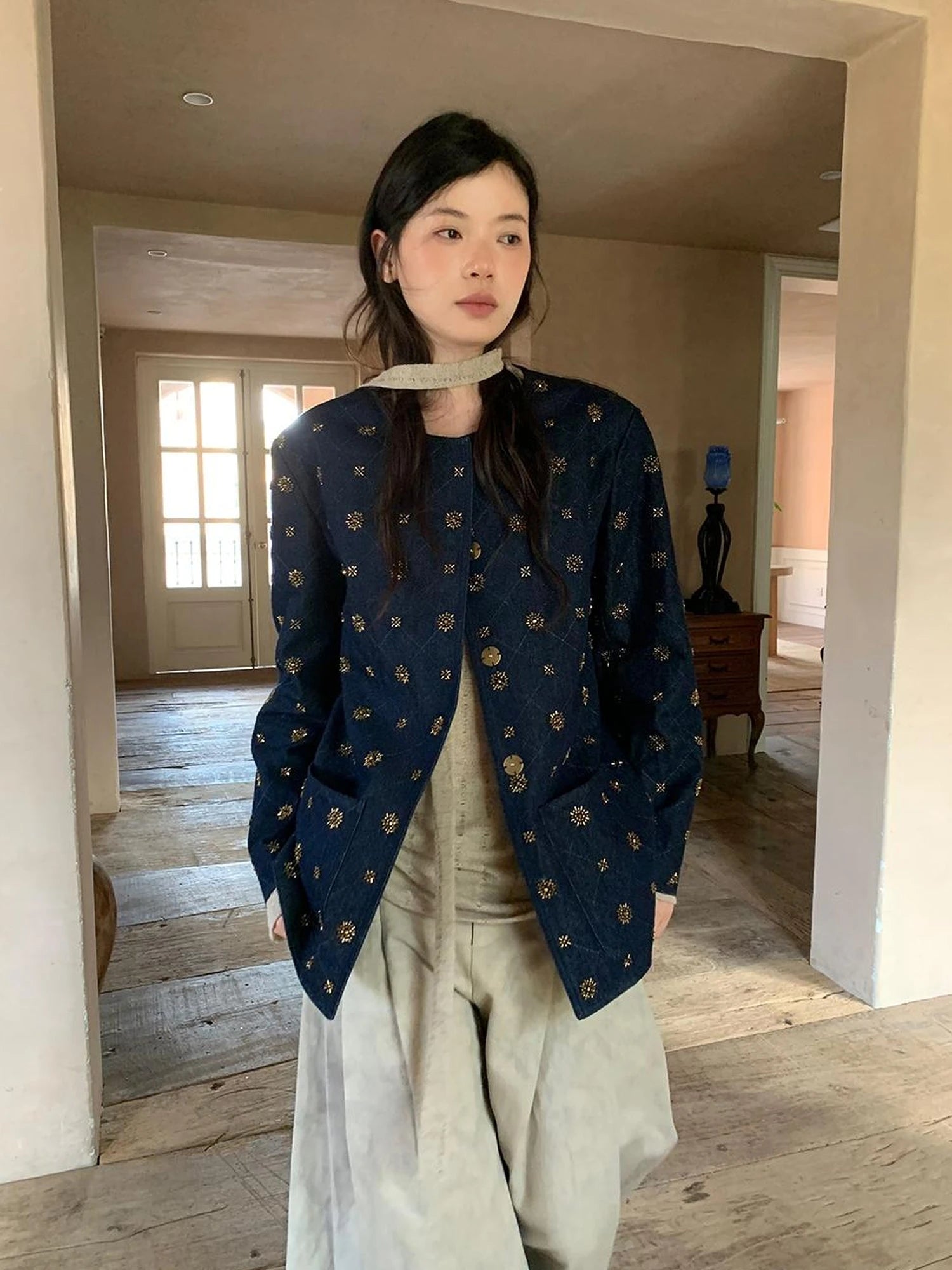 Cotton Embroidered Beaded Jacket With Color Block Design