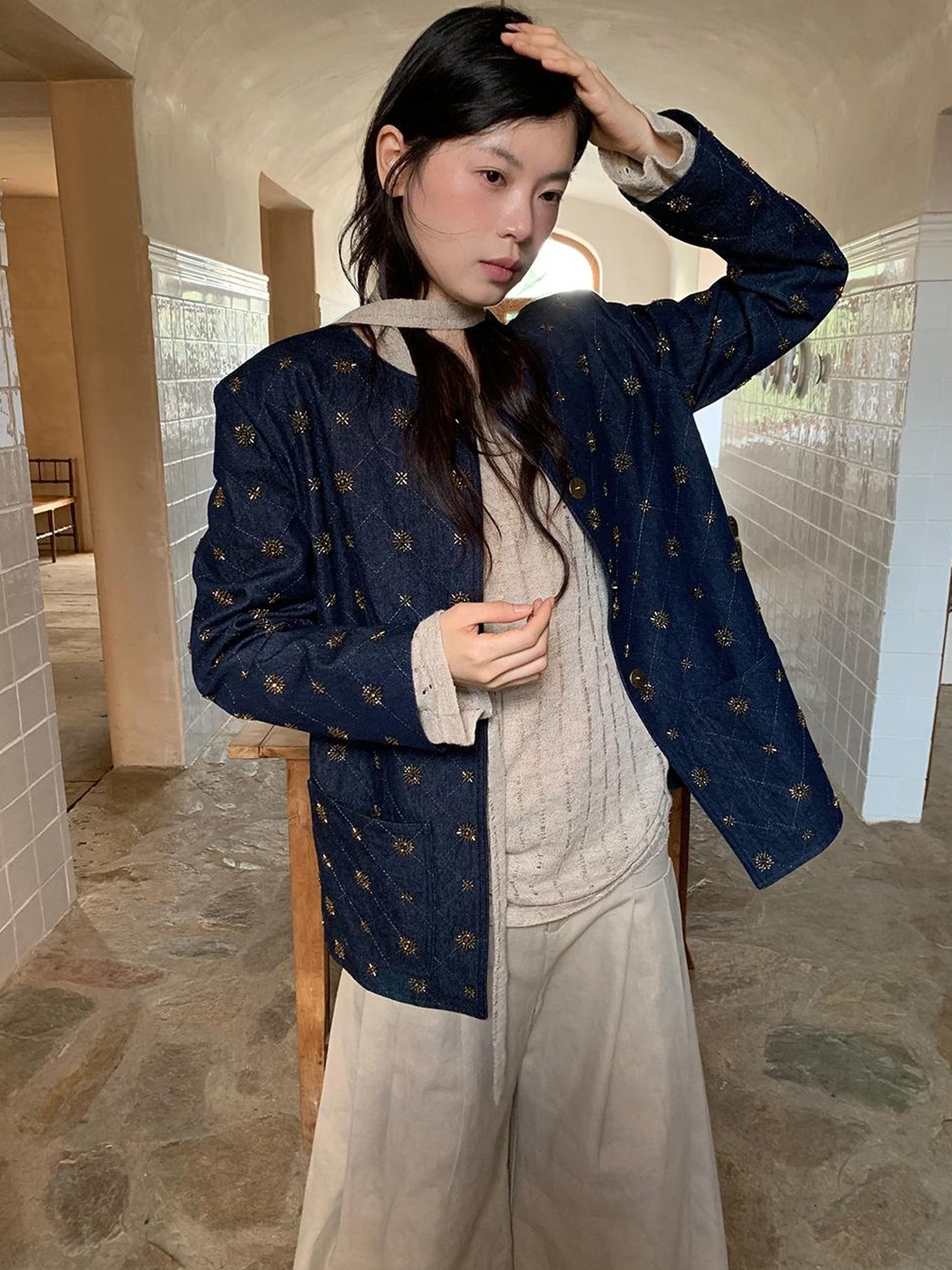 Dorydory Cotton Embroidered Beaded Jacket With Color Block Design