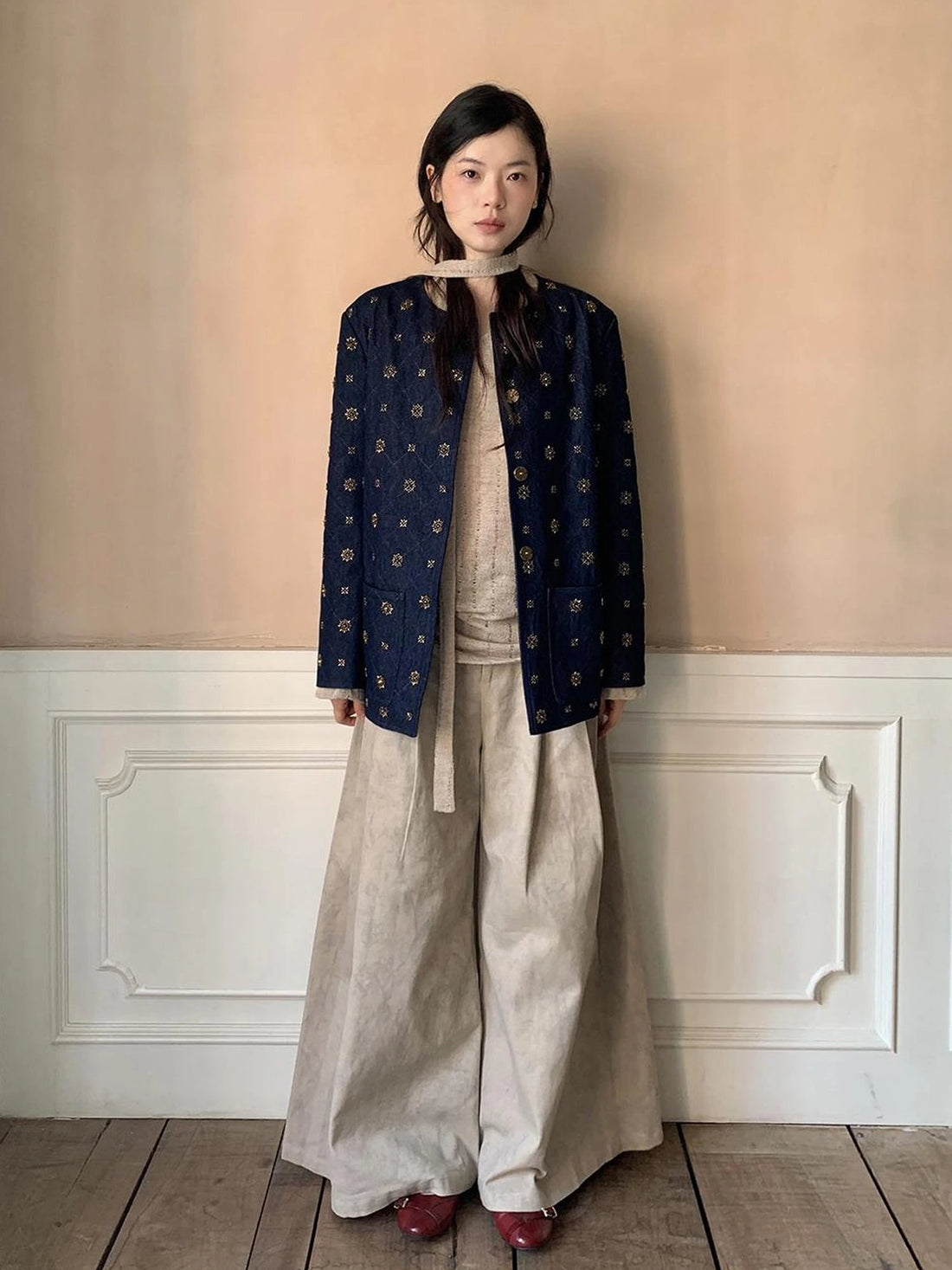 Cotton Embroidered Beaded Jacket With Color Block Design