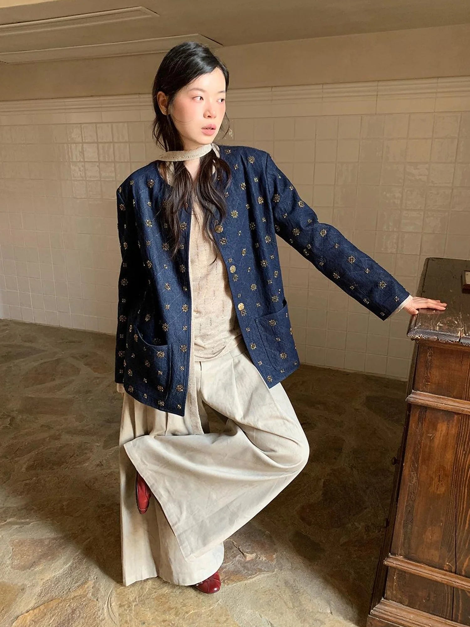 Cotton Embroidered Beaded Jacket With Color Block Design