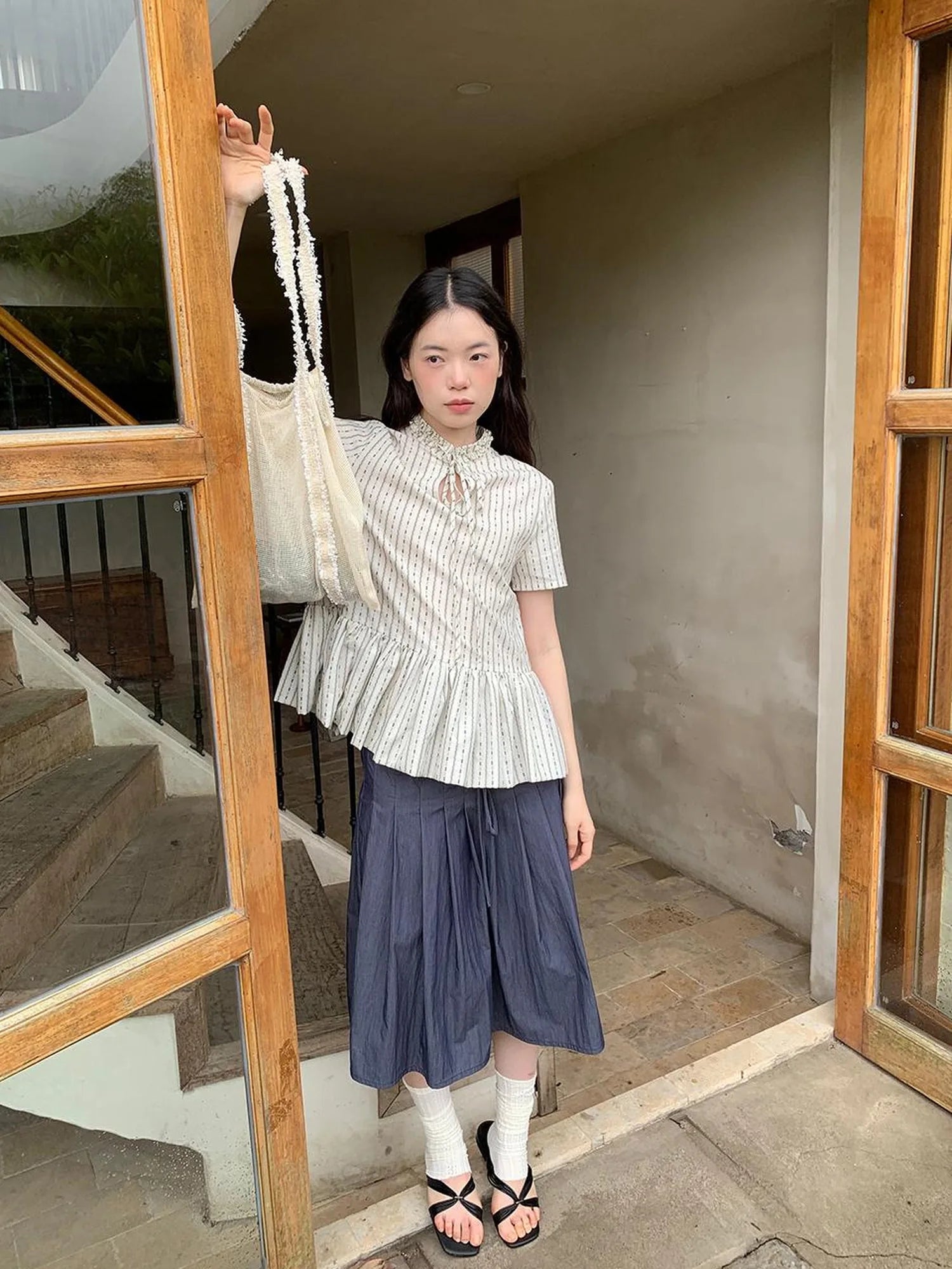 Cross Tie A Line Denim Wrap Mini Skirt