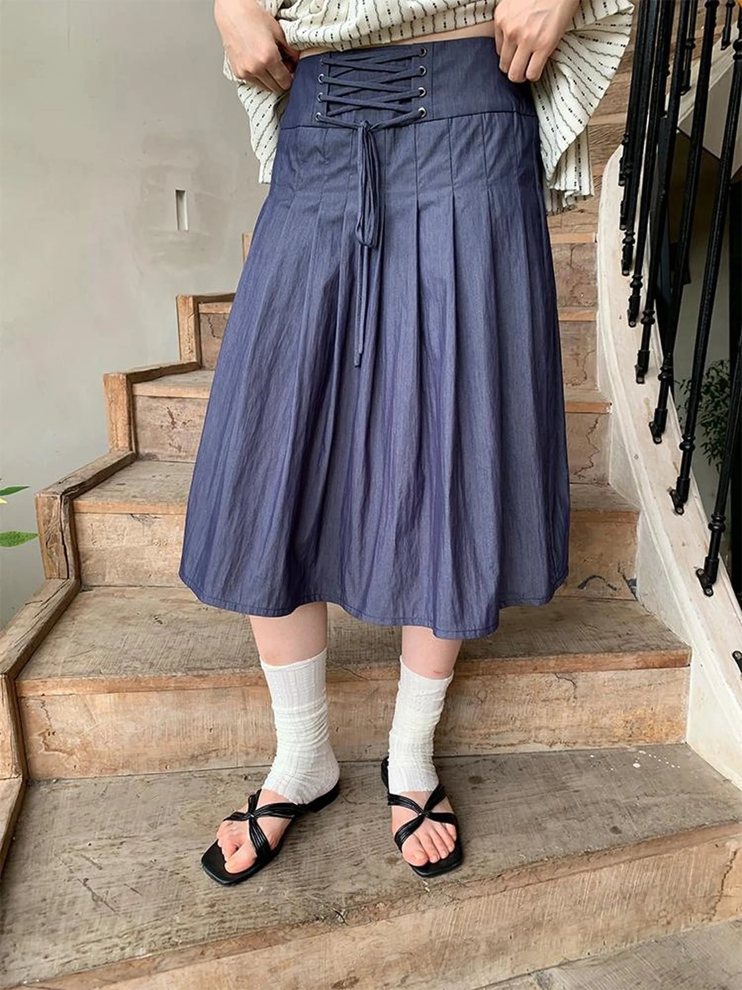 Cross Tie A Line Denim Wrap Mini Skirt