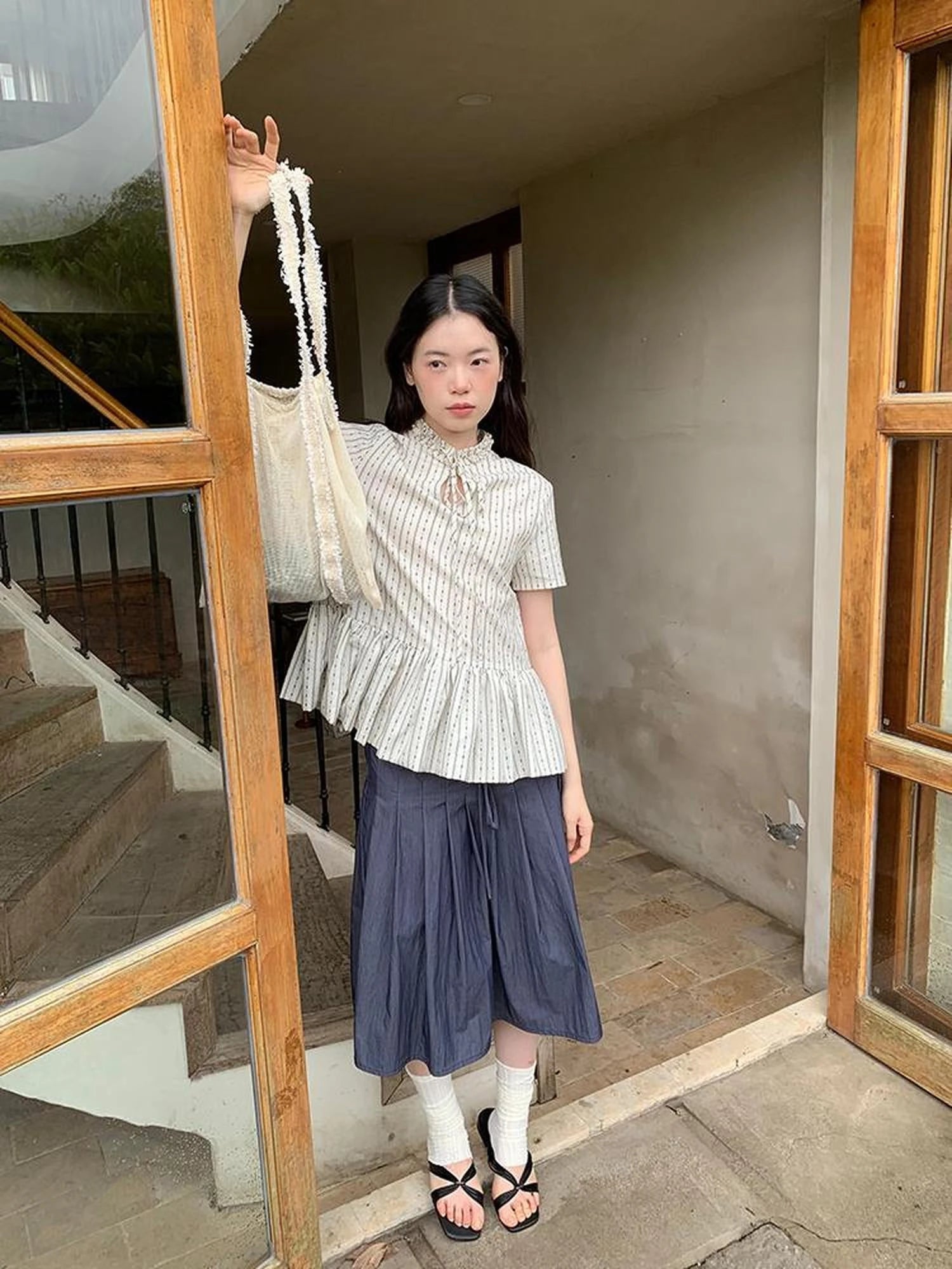 Cross Tie A Line Denim Wrap Mini Skirt